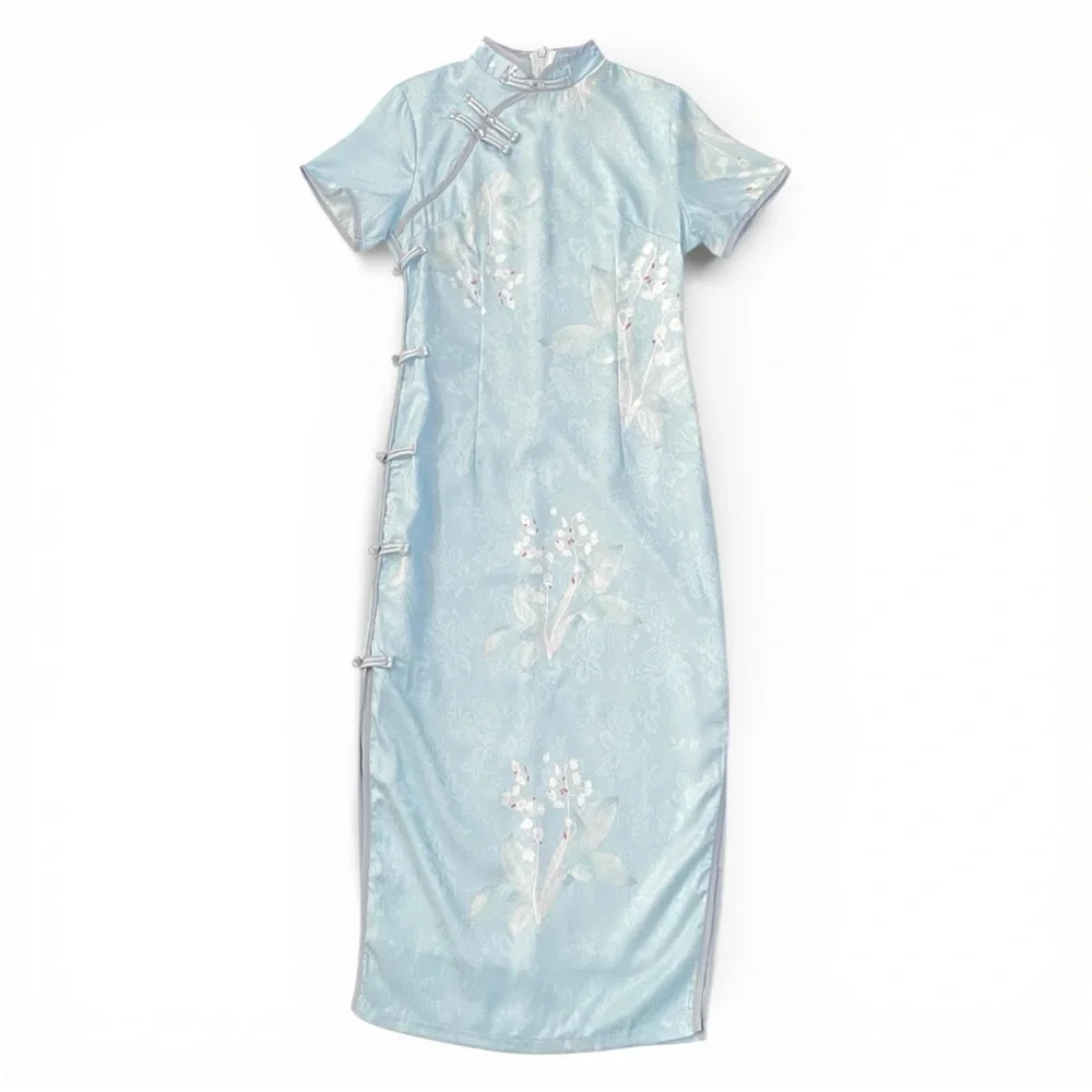 Lilly of the Vally Floral Short Sleeve Midi Blue Cheongsam Qipao Chinese Size S - Picture 2 of 10